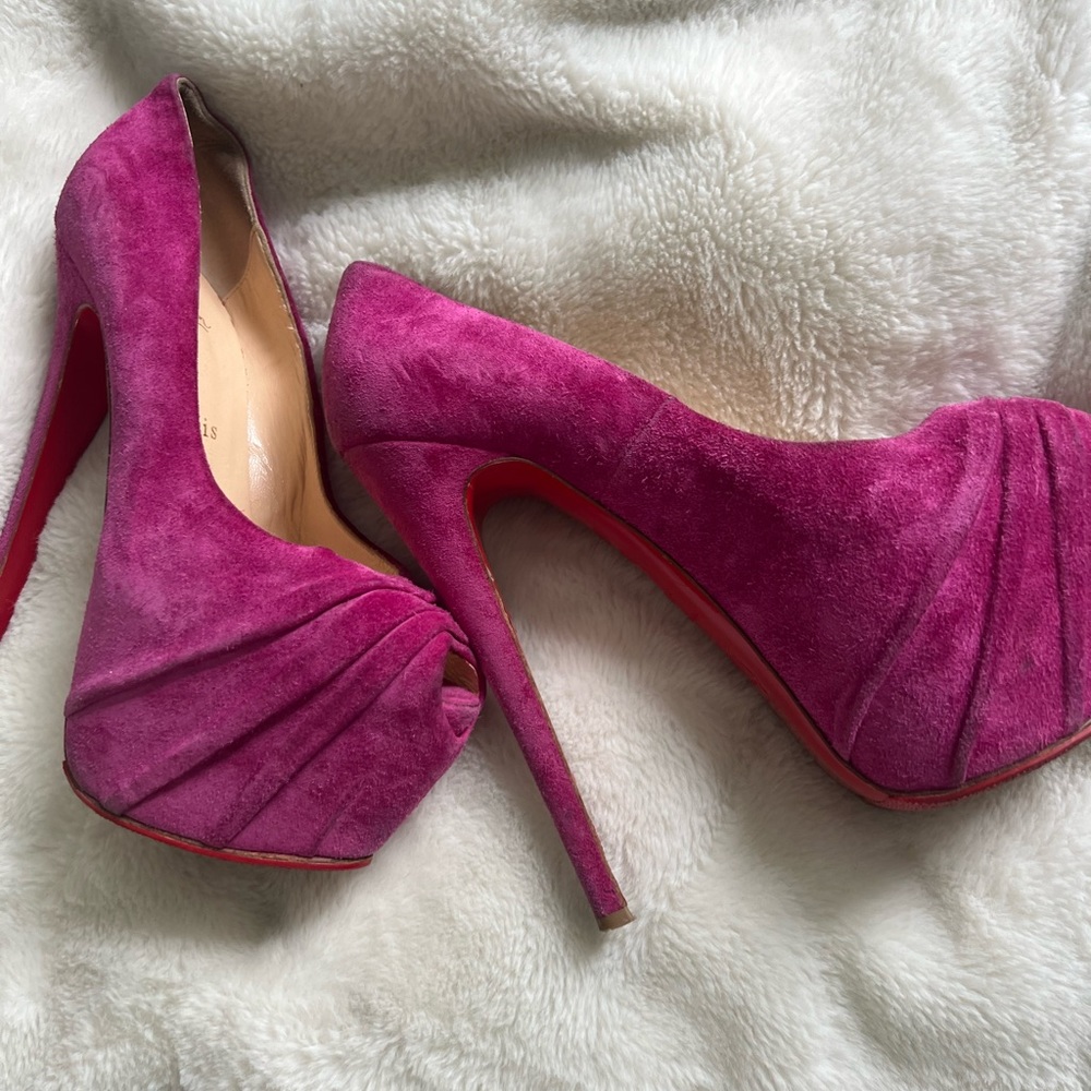 CHRISTIAN LOUBOUTIN Drapesse pink suede platform pumps 38.5 and dust bag